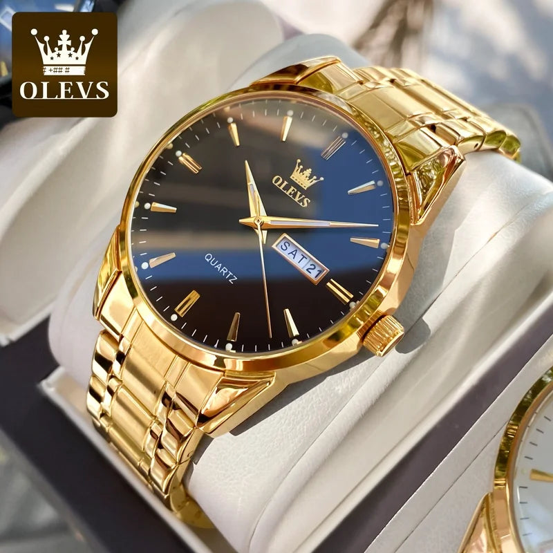 Relógio para homem OLEVS – Relógio de pulso de quartzo em aço inoxidável, estanque, dourado, elegante e luminoso, acessório de luxo para homem