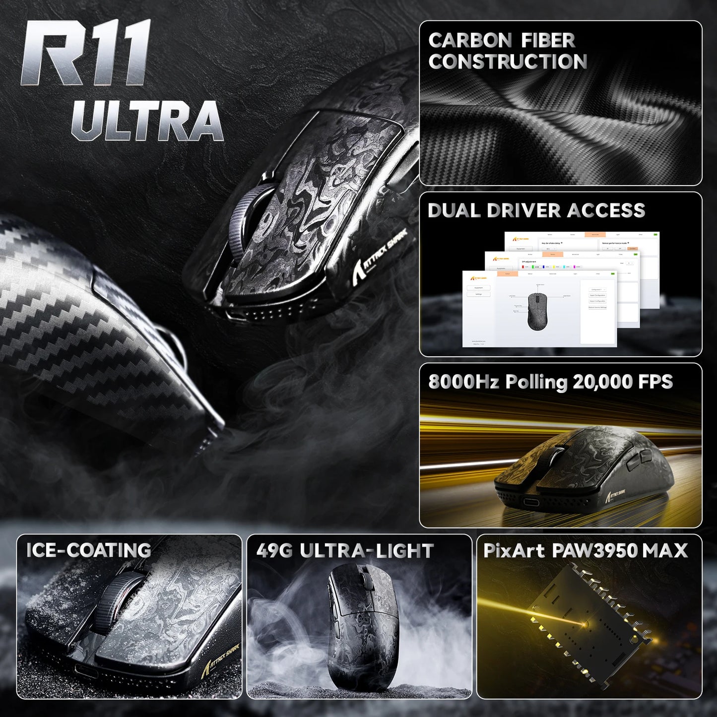 Mouse gaming wireless ATTACK SHARK R11 ULTRA in fibra di carbonio, 8000Hz, PAW3950MAX, 42000DPI, ultraleggero 49g, 20000FPS, Nordic 52840