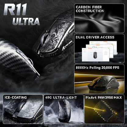 Mouse gaming wireless ATTACK SHARK R11 ULTRA in fibra di carbonio, 8000Hz, PAW3950MAX, 42000DPI, ultraleggero 49g, 20000FPS, Nordic 52840