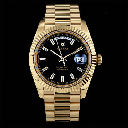 Sugess Watch Mens 40mm Date Day Automatic Dandong Peacock SL3034 Movement Retro Mechanical Wristwatch Sapphire Glass Golden New