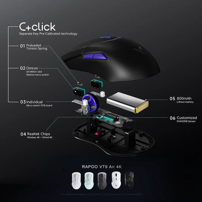 Rapoo VT9PRO/VT9Air 4K Wireless Gaming Mouse Superlight 26000DPI 4KHz Polling Rate 0.25ms Response Time 180H BatteryLife PAW3398