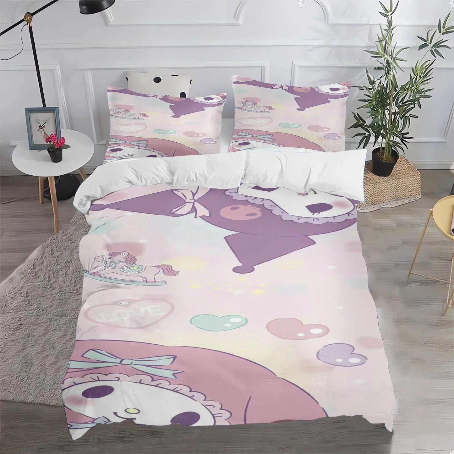 Conjunto de Capa de Edredão e Fronha Kuromi Fofo para Cama, Decoração de Quarto para Adulto, Rapaz e Rapariga, Presente para Crianças, Tamanho Individual, Duplo e Grande