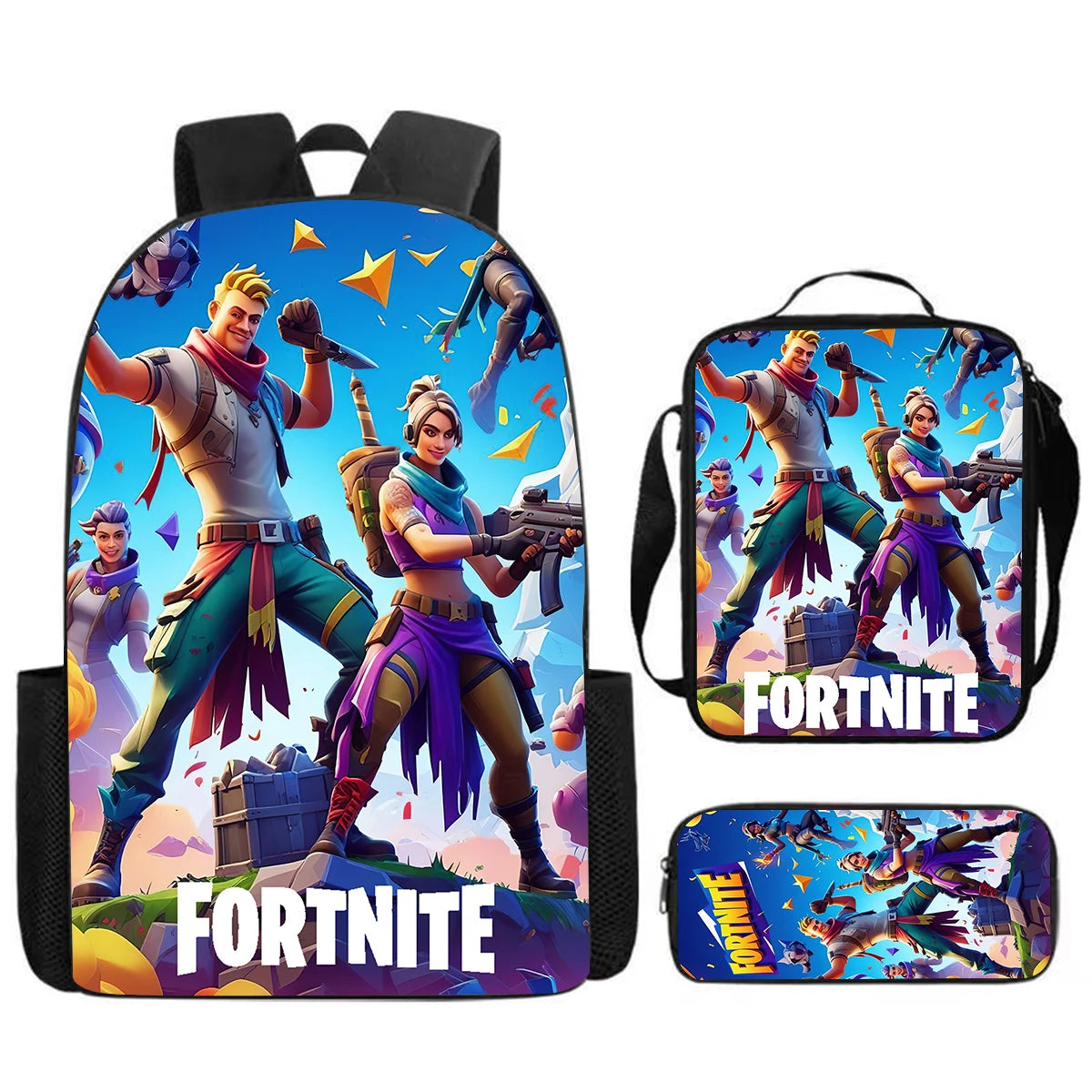 Set Fortnite Cartoon de 3 piezas, gran capacidad, adecuado para niños y niñas de 5 a 8 años, incluye mochila, bolsa para comida y estuche para lápices