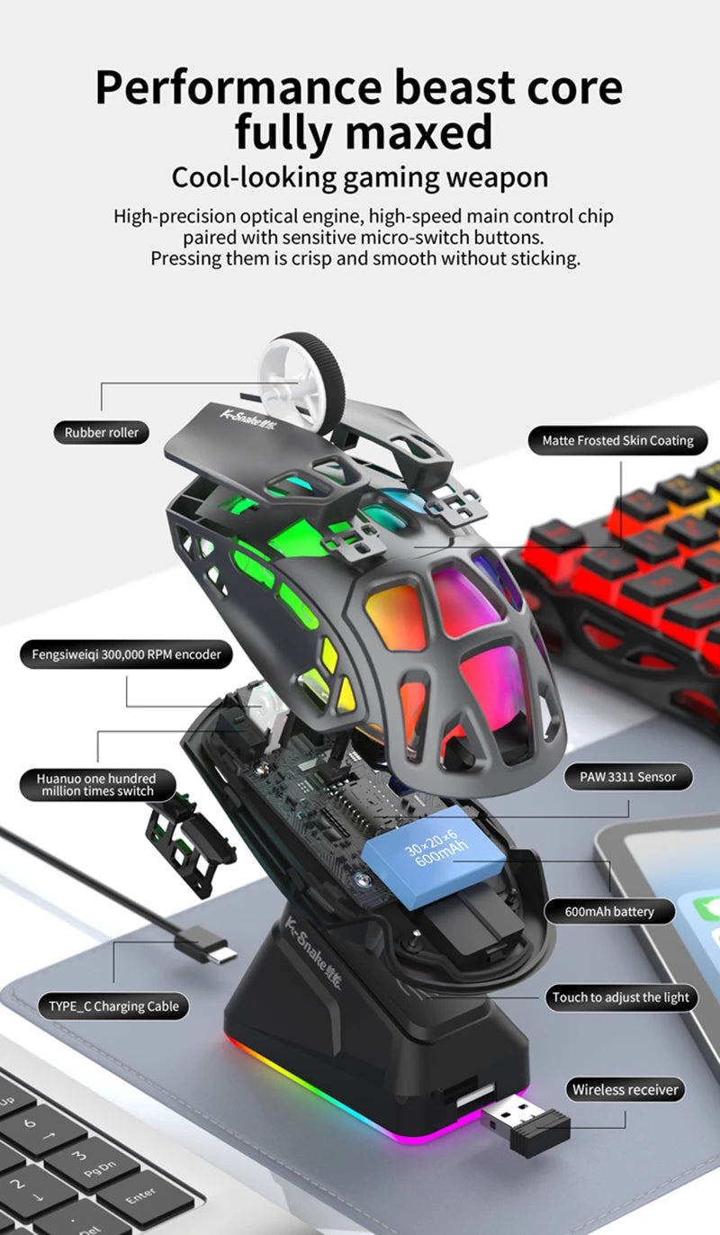 Lenovo Tri-Mode -kevyt pelihiiri RGB-lataustelakalla, 12000DPI, 2.4G/Bluetooth/langallinen ergonominen hiiri PC:lle ja kannettavalle tietokoneelle