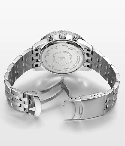 Relógio de homem BERNY Aviation – Cronógrafo de quartzo com data, vidro de safira e revestimento ultraluminescente – Relógio elegante de marca de luxo