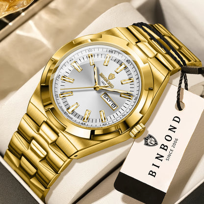 Relógios de quartzo BINBOND em aço inoxidável para homem – Relógio de luxo, estanque e luminescente – Modelo original para homem