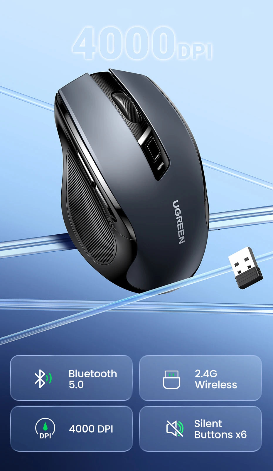 UGREEN bežični miš Bluetooth 5.0, ergonomski miš 4000DPI, 6 tihih tipki, miš za MacBook, tablet, prijenosna računala, računalo PC, 2.4G miševi