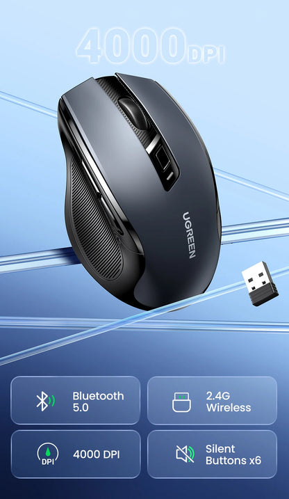 UGREEN bežični miš Bluetooth 5.0, ergonomski miš 4000DPI, 6 tihih tipki, miš za MacBook, tablet, prijenosna računala, računalo PC, 2.4G miševi