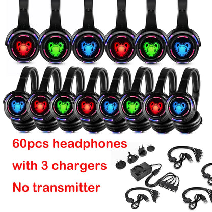 Auriculares inalámbricos Silent Disco RF LED para DJ y fiestas 863–865MHz/915MHz con iluminación LED de 3 canales y batería de 10H