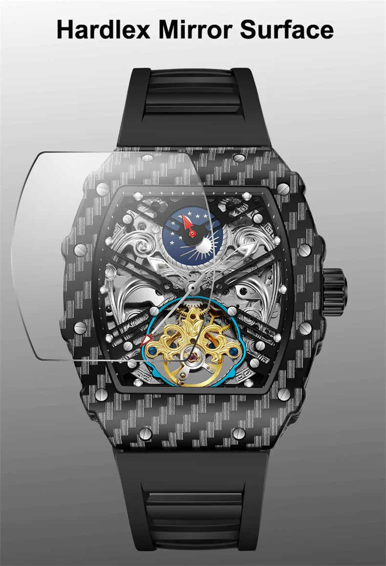 Mechaniczny zegarek Tourbillion dla mężczyzn, silikonowy pasek, szkieletowa koperta tonneau, automatyczne zegarki męskie, luksusowa topowa marka, reloj hombre