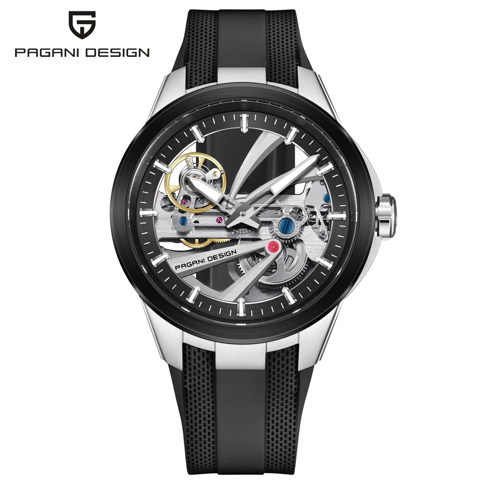 Pánske hodinky PAGANI DESIGN – Luxusný mechanický model s automatickým náťahom, typu „skelet“ (s otvoreným srdcom), vybavený tourbillonom, so zafírovým sklom s antireflexnou úpravou, vodotesné a luminiscenčné.