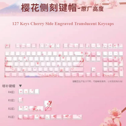 Juego de teclas Sakura Pink con grabado lateral, PBT translúcido, 127 teclas para switches MX y teclados mecánicos 60/84/90/104/108