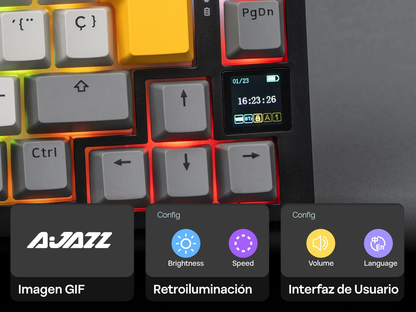 Distribución ISO-ES EPOMAKER X AJAZZ AK820 PRO 75% teclado mecánico con distribución española, cable/2.4GHz/BT, pantalla y perilla para Pc/Mac
