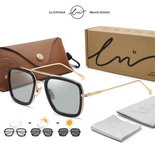Brand High Quality Tony Stark Square Sunglasses Photochromic Polarized Men Glasses Steampunk Women Driving Night Vision Goggles