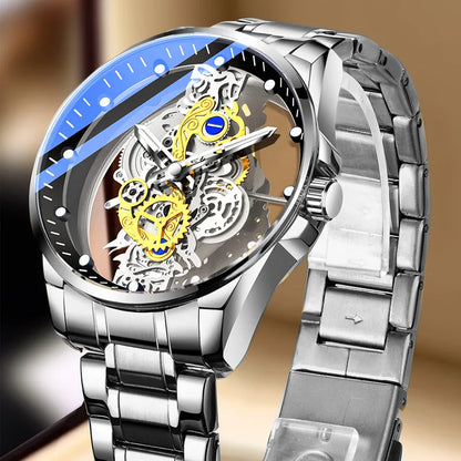 Trendig herrklocka, modell med dubbla öppningar, lyxig gulddesign, mekanisk tourbillon-imitation, kvartsverk.