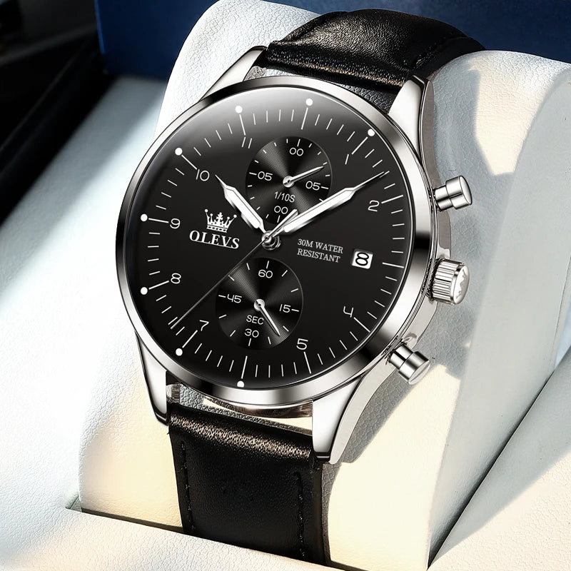 Relógio de homem OLEVS 2880 – Cronógrafo elegante e minimalista, bracelete em pele, indicação automática da data, resistente à água, ponteiros luminescentes, movimento de quartzo.