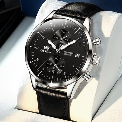 Relógio de homem OLEVS 2880 – Cronógrafo elegante e minimalista, bracelete em pele, indicação automática da data, resistente à água, ponteiros luminescentes, movimento de quartzo.