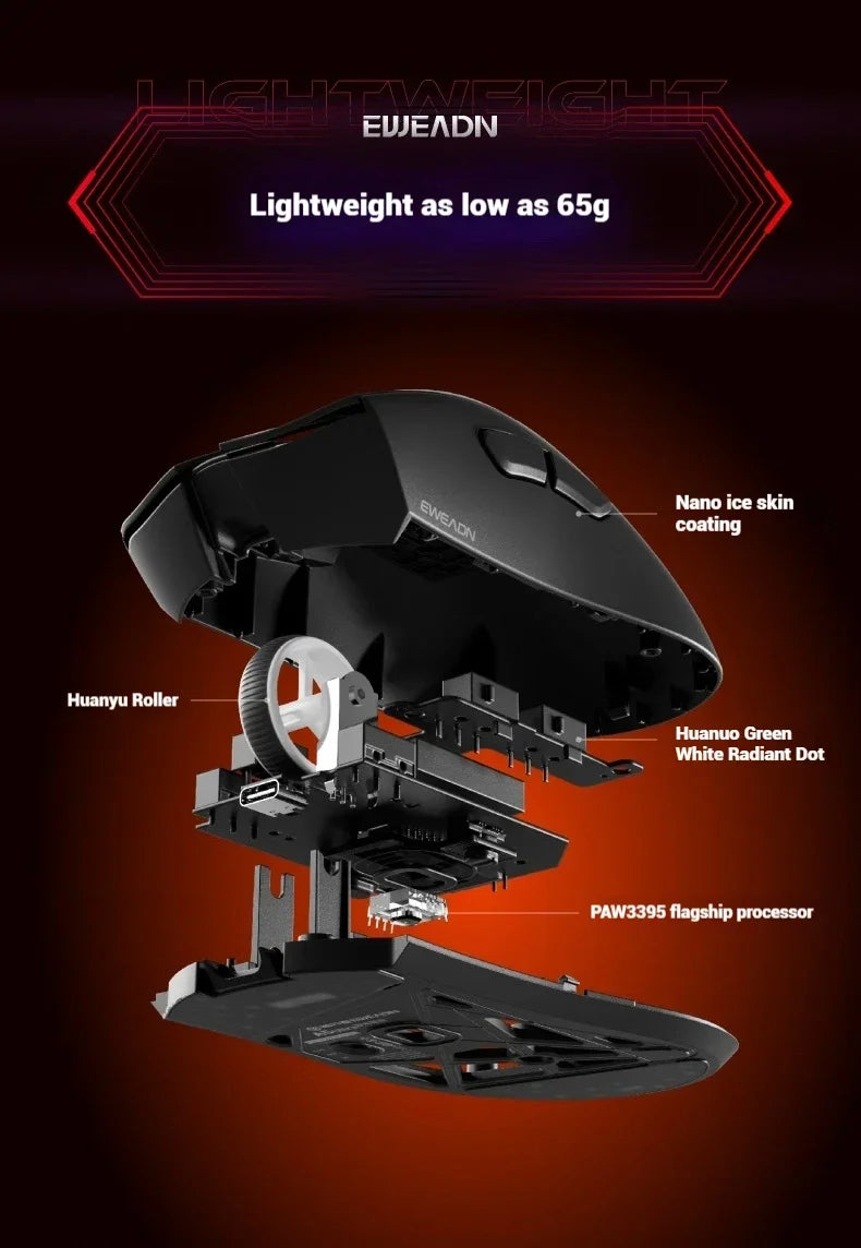 EWEADN A5 Pro Ultra Wireless Gaming Mouse, Lightweight Tri-Mode Mouse with PAW3395 Sensor, 26K DPI, Low Latency Rechargeable Gaming Mouse