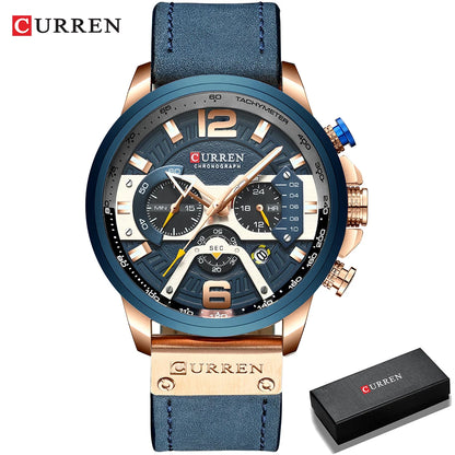 Relógio para homem CURREN 8329 – Estilo desportivo descontraído, design militar, bracelete em pele, cronógrafo na moda, relógio de luxo de grande marca