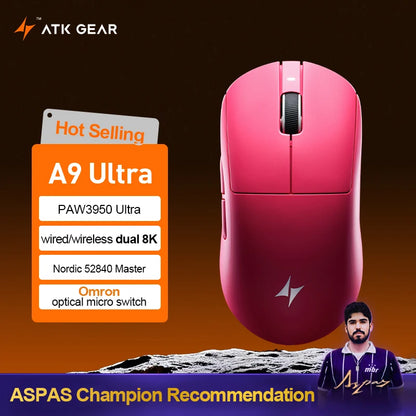 Mouse gaming wireless ATK Dragonfly A9 Ultimate A9 Air PAW3950 ultraleggero ergonomico e-sport per gamer FPS CSGO A9 Ultra