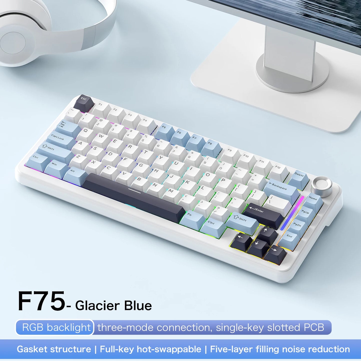 F75 Mechanical Keyboard FREEWOLF 81 Keys Layout Metal Knobs PBT Keycaps,Fully Hot-swappable Keys RGB Multi-color Backlighting