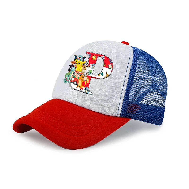 Tegneserie-Pokémon-baseballkasket til børn med Pikachu og bogstaverne A-Z – til drenge og piger – solbeskyttende solhat – børnekasket med skygge – sommer-trucker-kasket – far-kasket