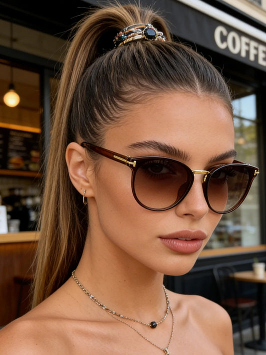 1Pc Light Luxury Tea Brown Frame Gold Label Women's Sunglasses, Uv Protection, Versatile for Daily Commuting and Vacation