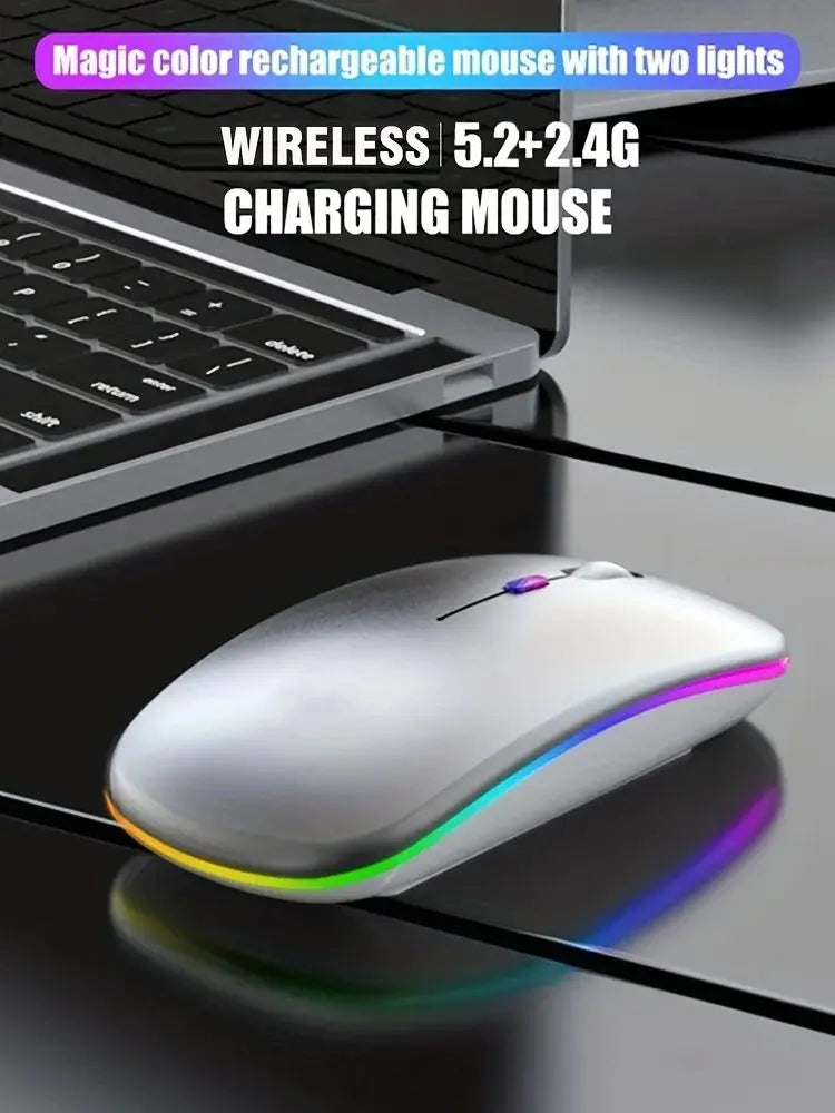 Rechargeable Bluetooth Wireless Mouse with 2.4GHz Dual Mode, RGB Ergonomic Silent Click Mouse for Laptop, PC, Mac, iPad & Android