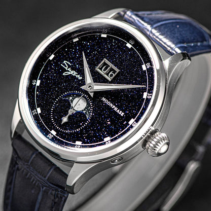 Sugess Moonphase Watch of Men 40mm Automatic Mechanical Wristwatches Seagul ST2528 Movement Stainless Steel Blue Sandstone Dial