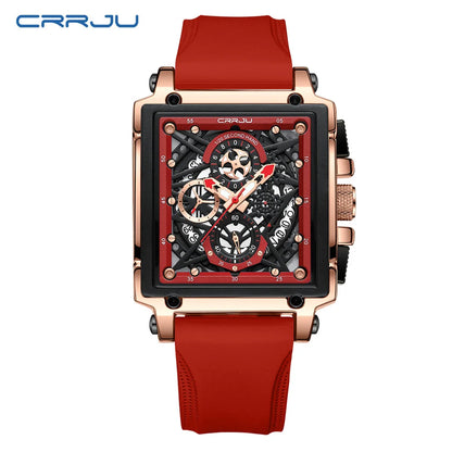 CRRJU Men's Sports Chronograph Wrist Watch For Men Army Silicone strap Square Quartz Stop Watch Clock Man Relogios Masculino
