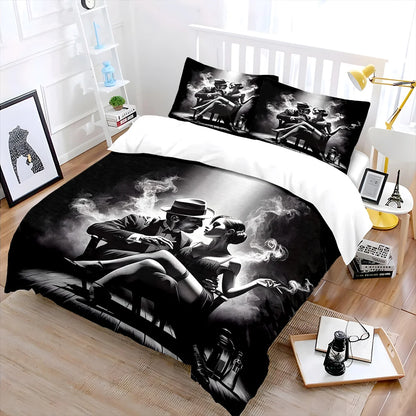 Conjunto de Cama para Crianças com Casal em Cena Esfumada a Preto e Branco, Presente de Luxo, 3 Peças, Edredão com Impressão Digital, Macio e Confortável