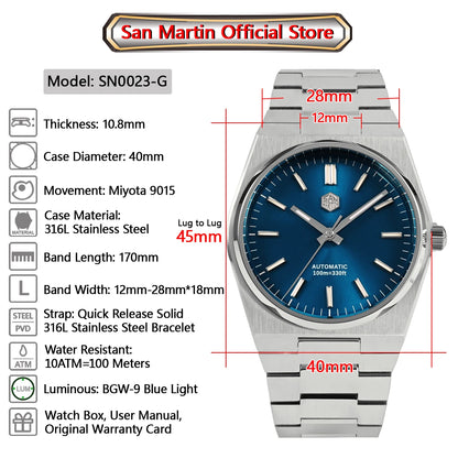 San Martin Reloj clásico para hombre 40mm Miyota 9015 reloj de vestir de lujo automático mecánico con pulsera de liberación rápida SN0023