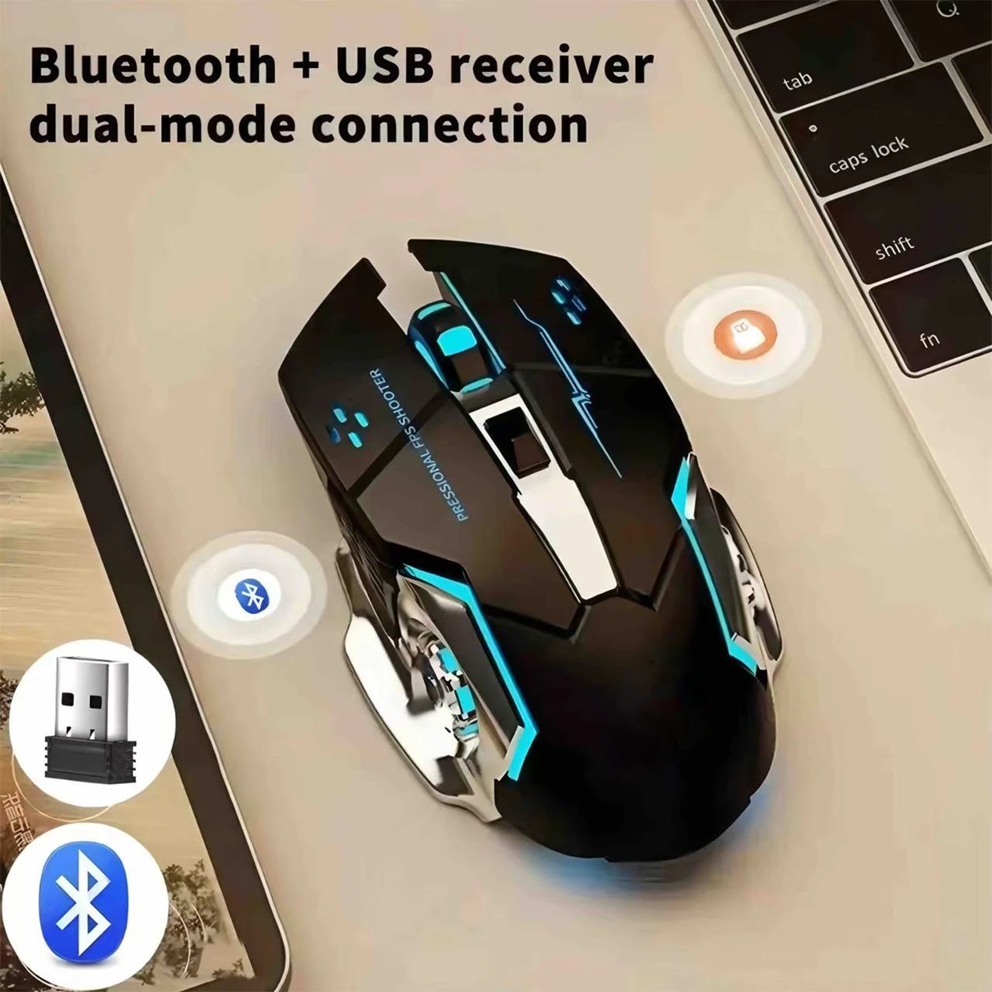 Bluetooth геймърска мишка за компютър, презареждаема безжична USB мишка с механичен дизайн, E-Sports подсветка, PC Gamer мишка за компютър