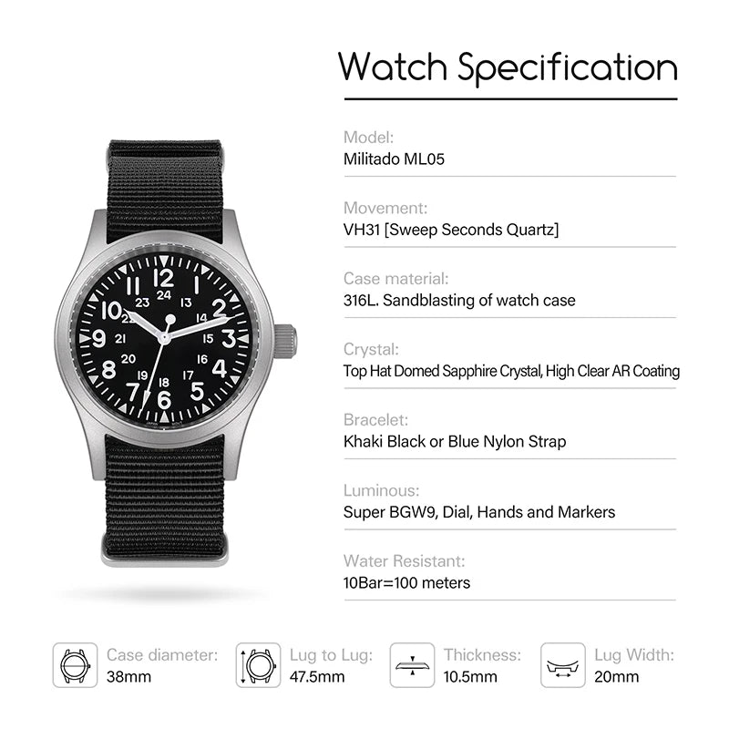 Militado ML05 Military Watch VH31 Sweep Quartz Movement Top Hat Domed Sapphire Crystal Vintage Watch 100m Waterproof Mens Watch