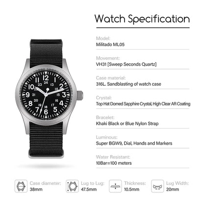 Militado ML05 Military Watch VH31 Sweep Quartz Movement Top Hat Domed Sapphire Crystal Vintage Watch 100m Waterproof Mens Watch