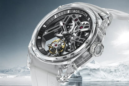 Reloj AGELOCER de edición limitada «Ice Never Melts» con tourbillon de cristal de oscilación libre, reloj mecánico manual de lujo