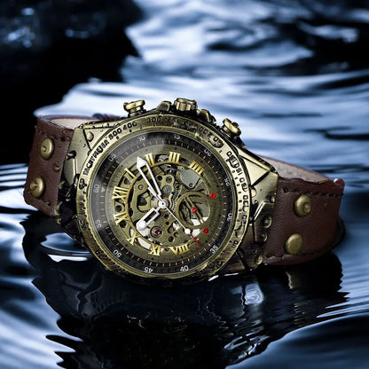 UTHAI Retro Men Watch Business Waterproof Bronze Automatic Mechanical Machine Watch Leather Strap Male Fashion Clock Wristwatch