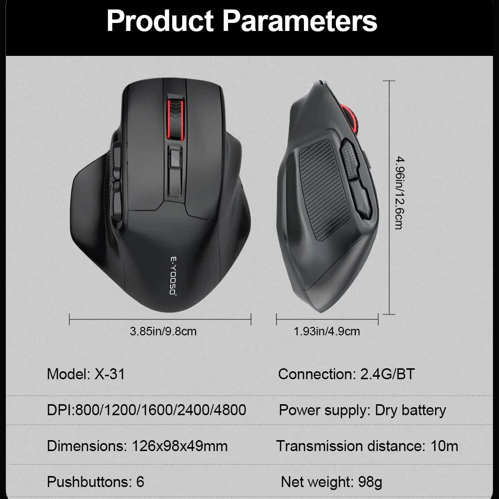 Ratón gaming E-YOOSO X-31 Pro USB grande con Bluetooth 2.4G inalámbrico, PAW3212, 4800 DPI, para gamers, ordenador portátil y PC