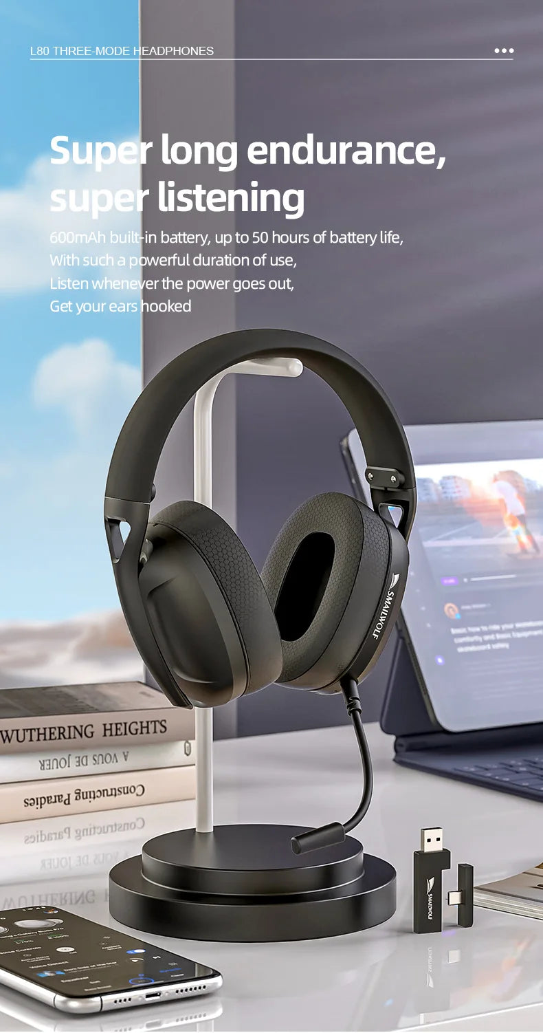 SMAILWOLF L80 Wireless Gaming Headset – Bluetooth 5.0 & 2.4GHz Triple-Mode Headphones with Microphone for PC, Laptop & Mobile Gaming
