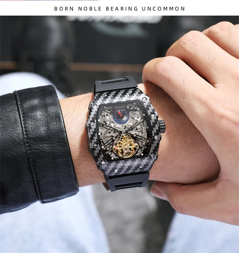 Mechaniczny zegarek Tourbillion dla mężczyzn, silikonowy pasek, szkieletowa koperta tonneau, automatyczne zegarki męskie, luksusowa topowa marka, reloj hombre