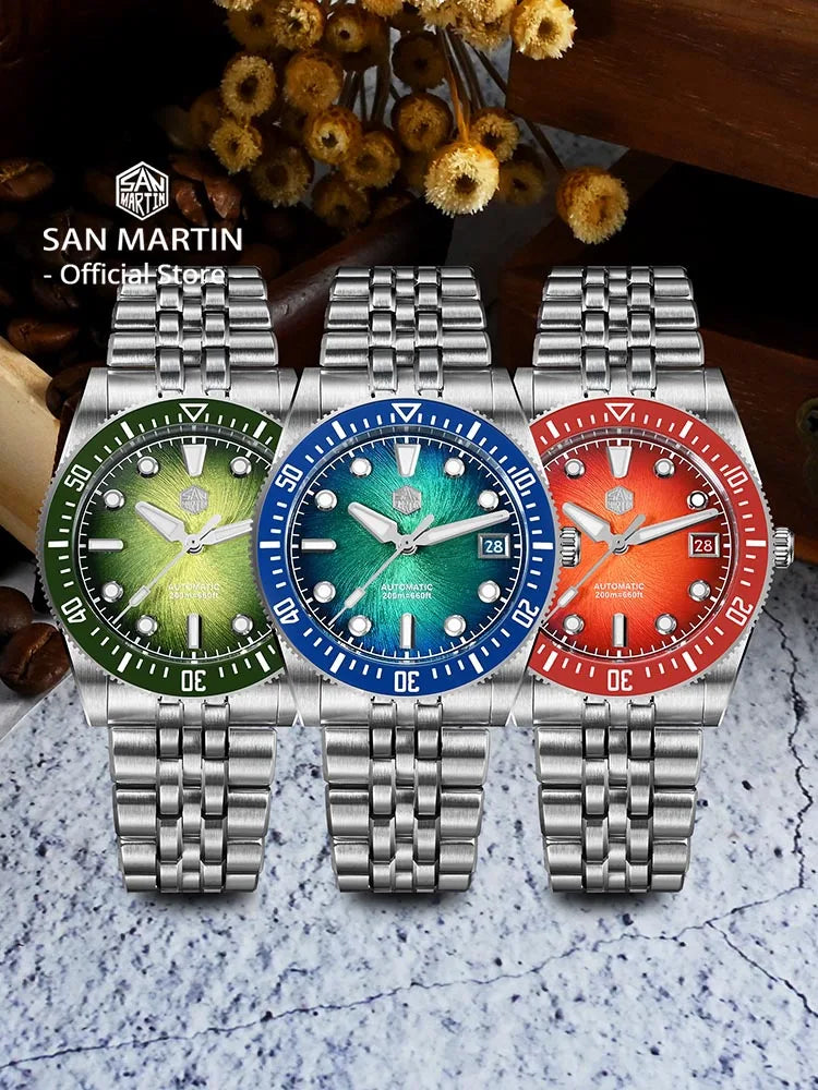 San Martin 37.5mm 40mm Enamel Spiral Vortex Dial Men Luxury Diver Watch Miyota 9015 Automatic Mechanical Waterproof 200m SN0148