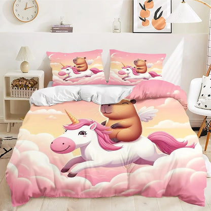 Juego de cama de carpincho de dibujos animados de 4 piezas, funda nórdica y funda de almohada, para adultos, niños y niñas, decoración de dormitorio infantil, tamaño individual y doble