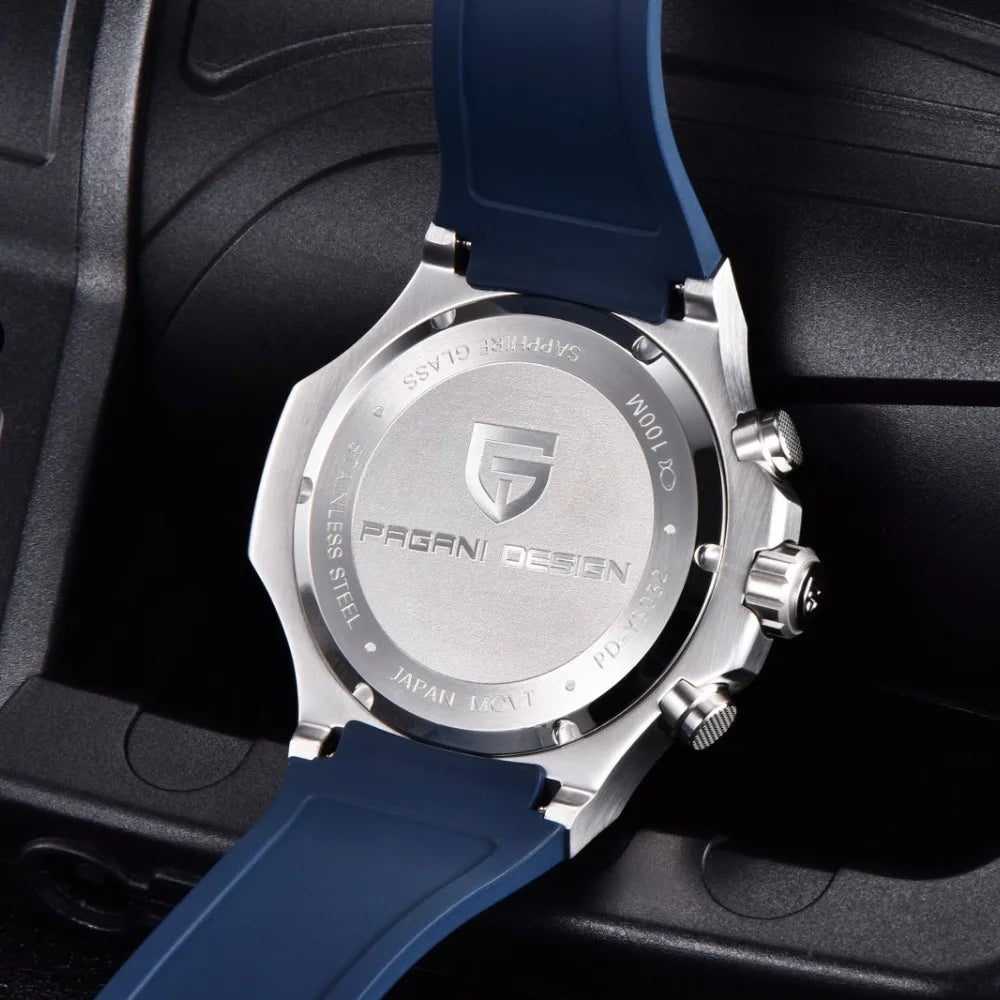 Reloj de cuarzo para hombre PAGANI DESIGN PD-YS032, 44mm, movimiento japonés VK64, caja de acero inoxidable, correa de caucho, cristal de zafiro, resistente al agua 100M