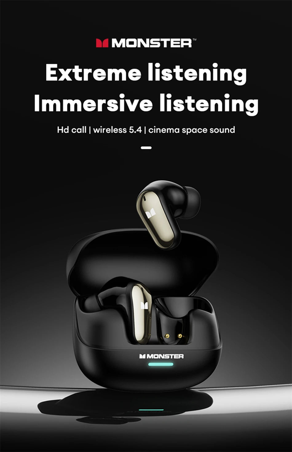 Auricolari wireless Bluetooth 5.4 Monster MQT52 a lunga autonomia, cuffie gaming dual mode con audio stereo HiFi e microfono