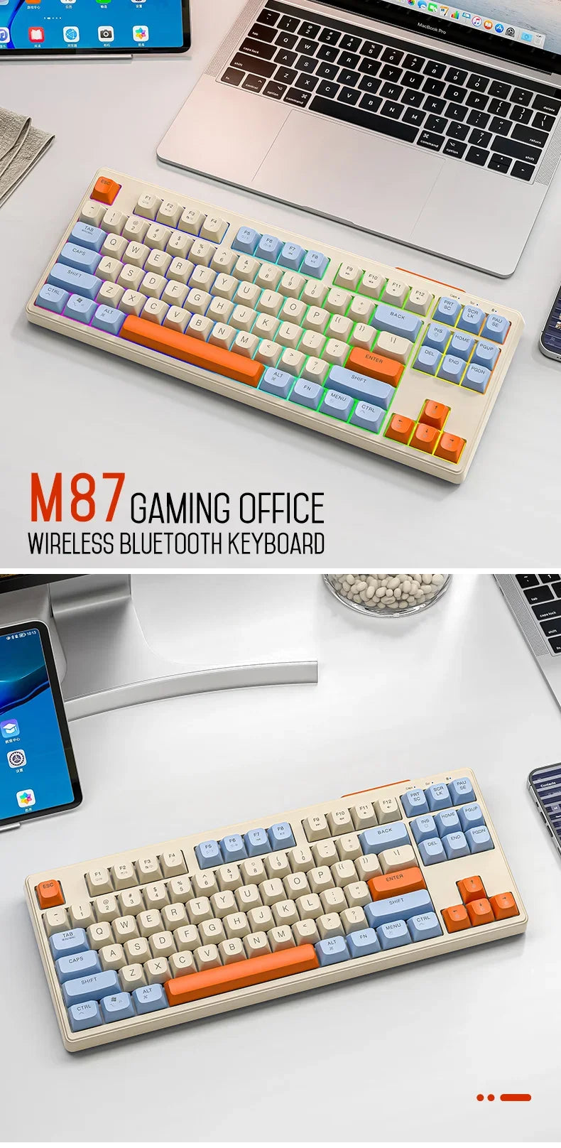 Teclado M87 inalámbrico Bluetooth de doble modo, sensación mecánica, gaming y oficina, silencioso, teclas esféricas PBT, luz arcoíris