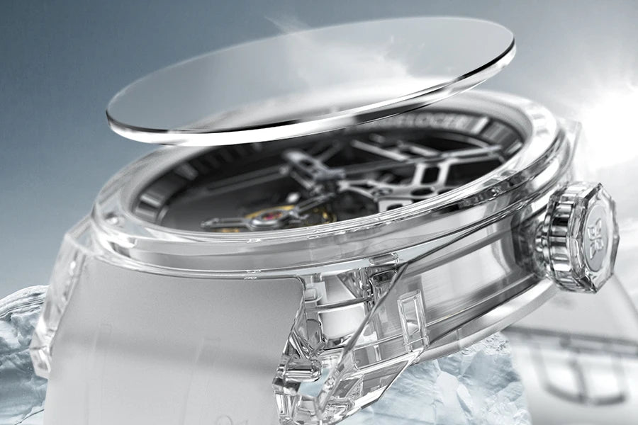 Reloj AGELOCER de edición limitada «Ice Never Melts» con tourbillon de cristal de oscilación libre, reloj mecánico manual de lujo