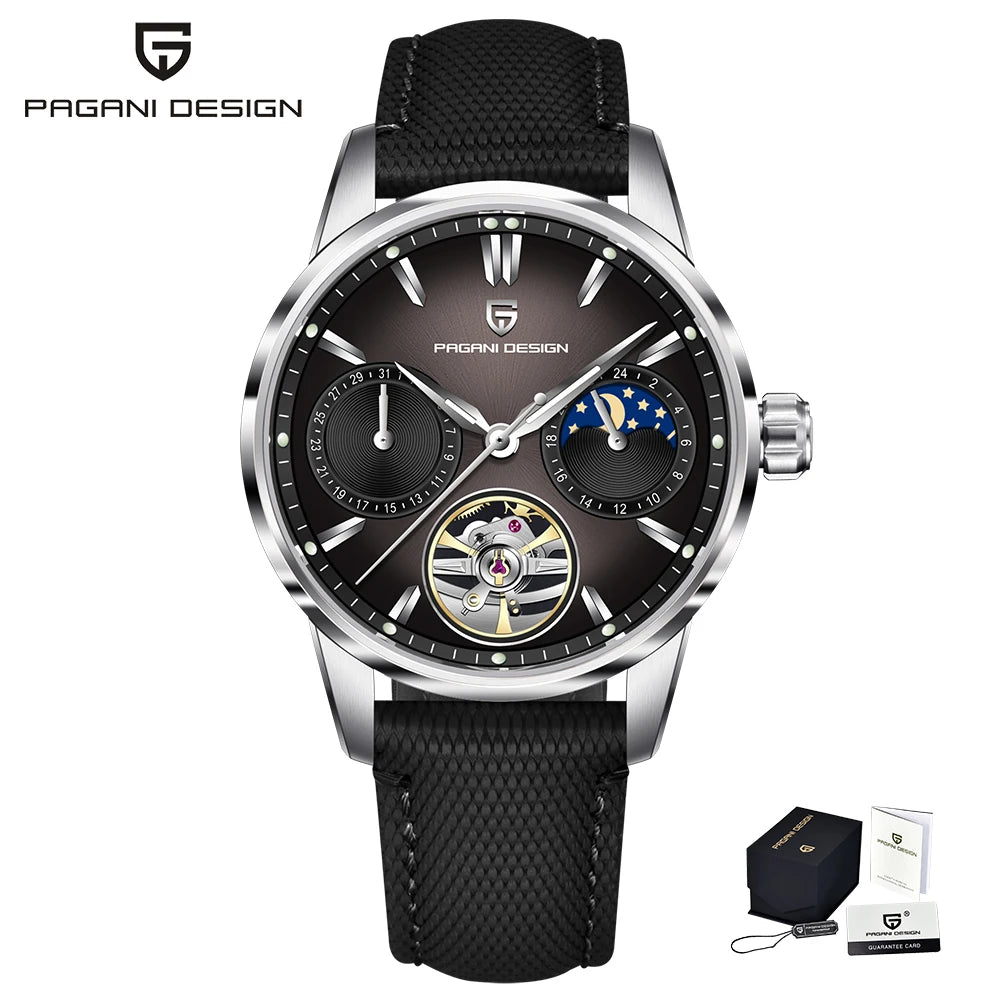 PAGANI DESIGN – Relógio mecânico de luxo para homem, 41 mm, vidro de safira, bracelete em pele, estanque, estilo piloto, com turbilhão e fase lunar