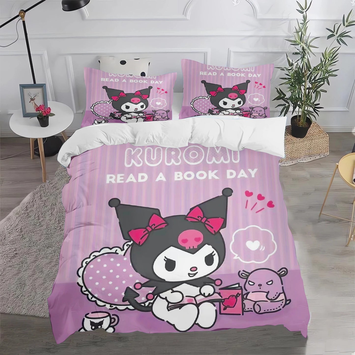 Conjunto de Capa de Edredão e Fronha Kuromi Fofo para Cama, Decoração de Quarto para Adulto, Rapaz e Rapariga, Presente para Crianças, Tamanho Individual, Duplo e Grande