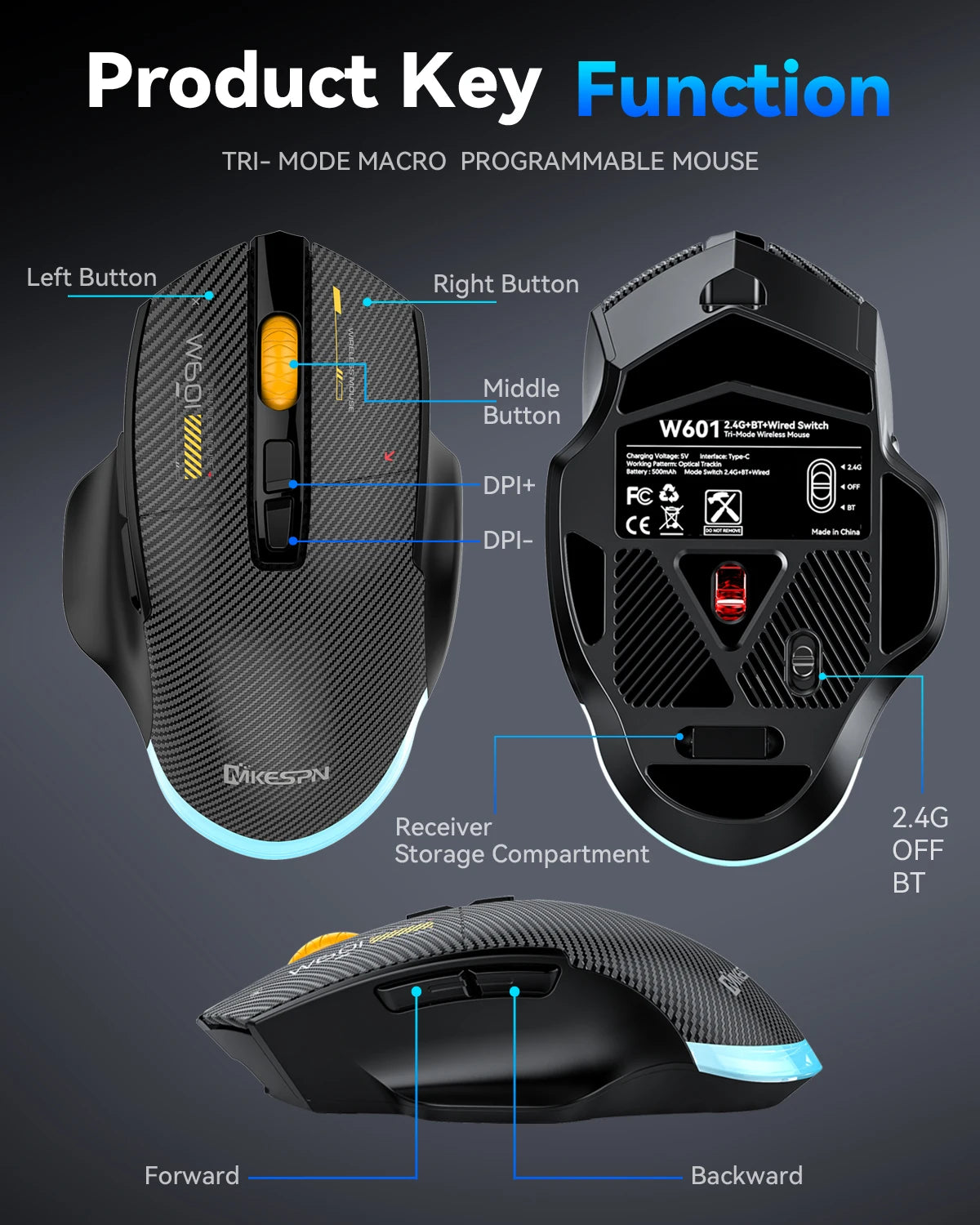 Mouse gaming tri-mode 12800DPI 2.4G Wireless Bluetooth cablato in fibra di carbonio, pulsante silenzioso, programmazione macro, 500mAh, 7 tasti