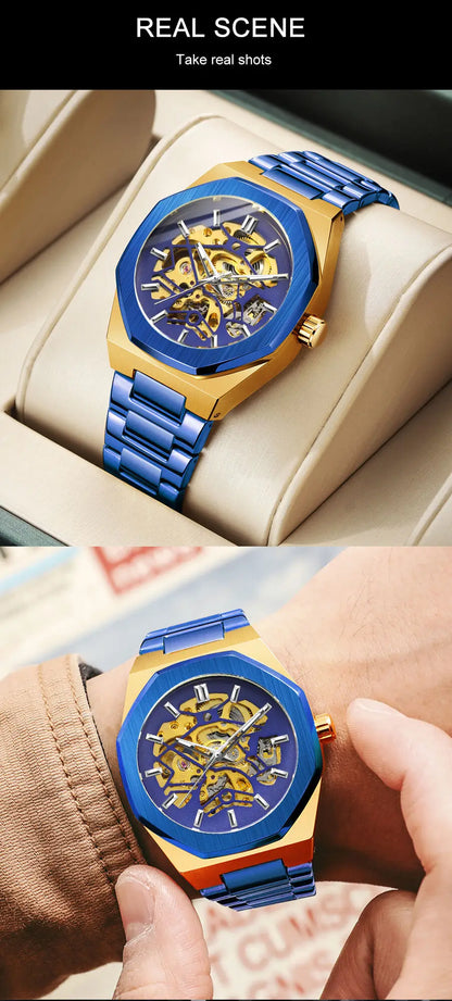 FORSINING 344D Top Brand Luxury Skeleton Automatic Mechanical Men's Watch Hollow Design Luminous Stainless Steel Strap Clock Men